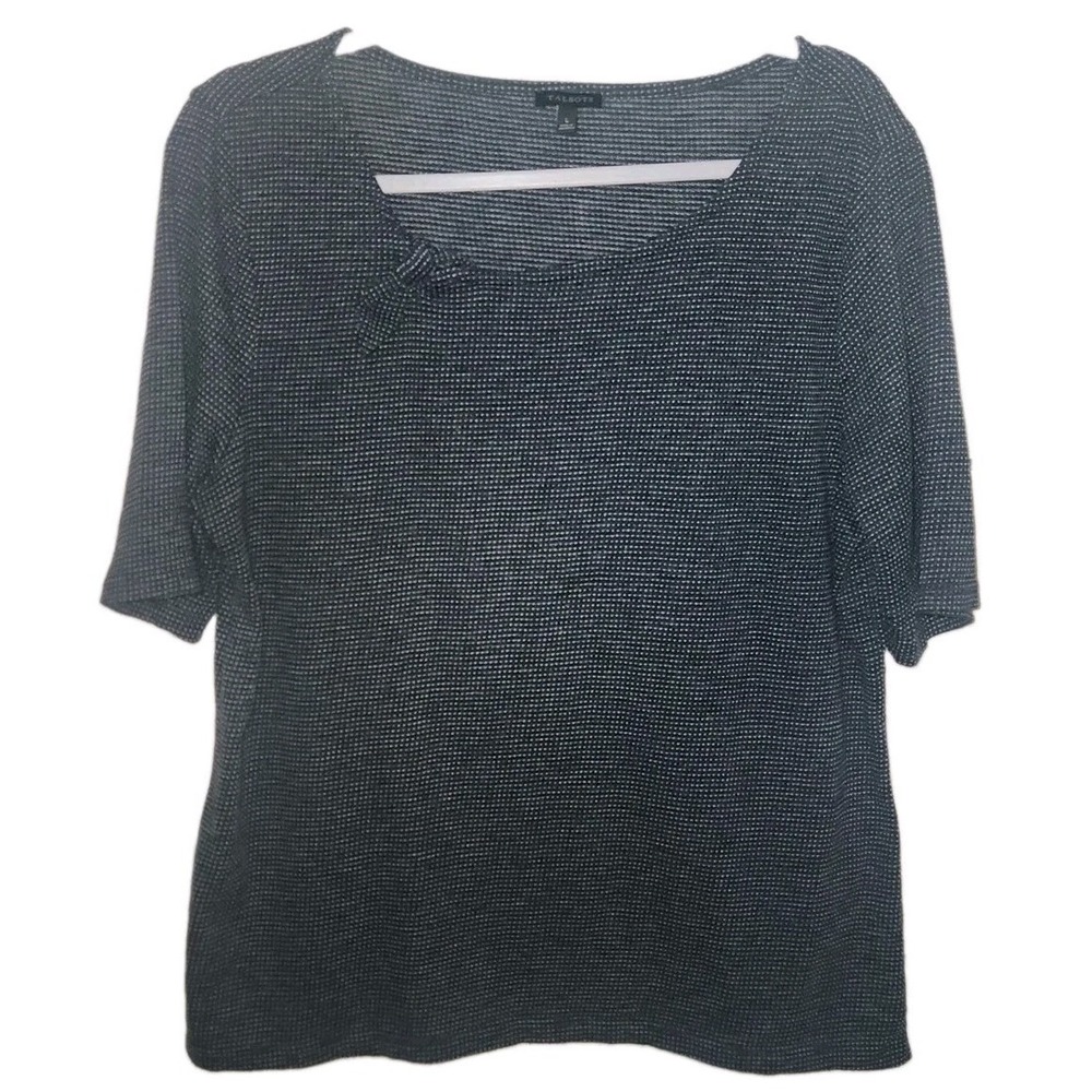 Talbots Women Top Large Gray Blue Knit Short Sleeve Textured Blouse Boat Neck